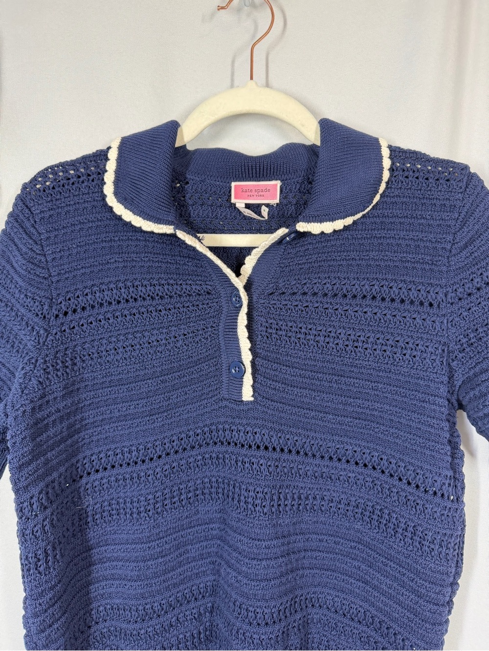 Kate Spade | Shortsleeve Polo Sweater Navy Blue White Women's Size Medium - Picture 4 of 11